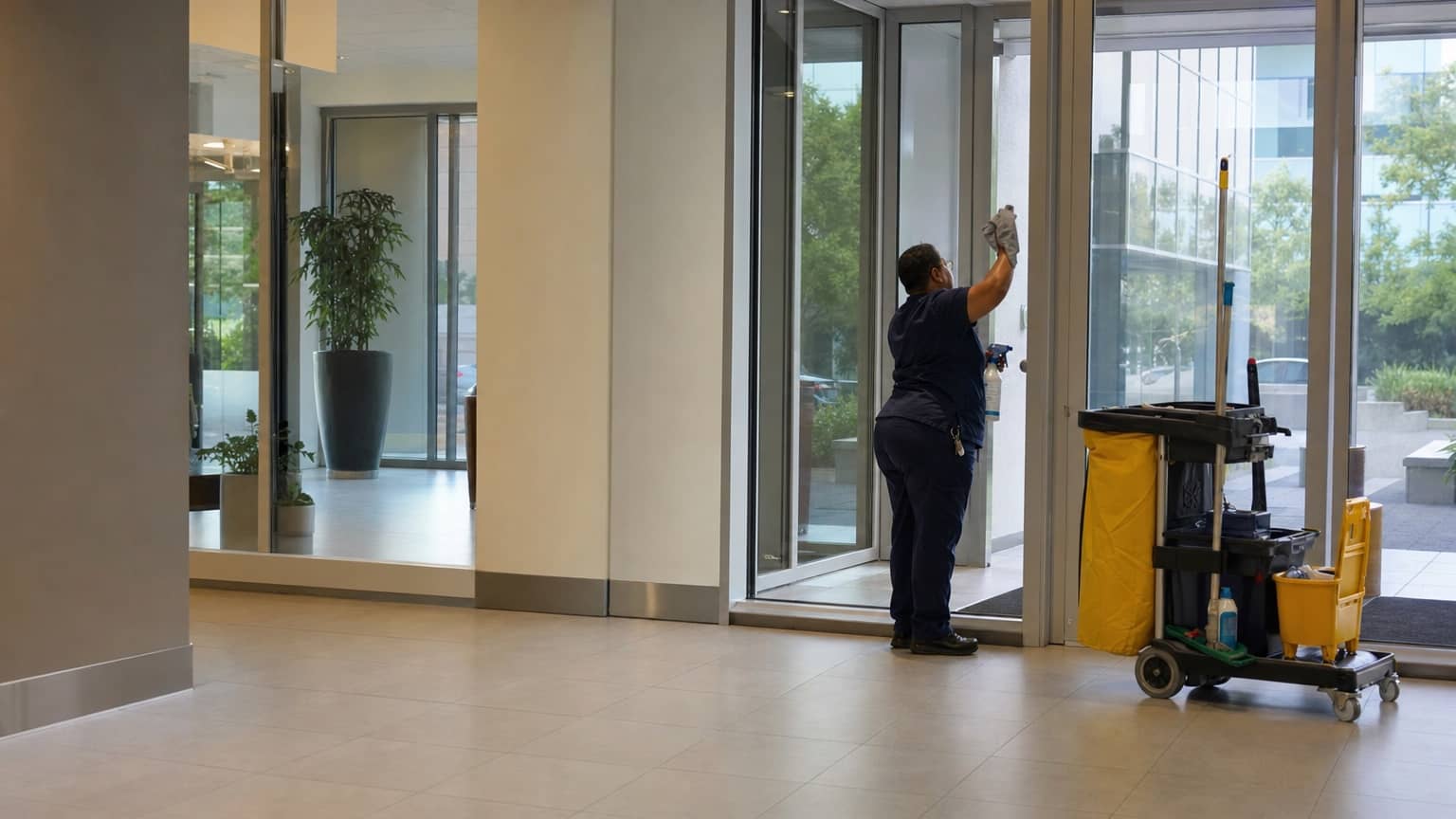 Premier Building Services day porter cleaning a building entrance